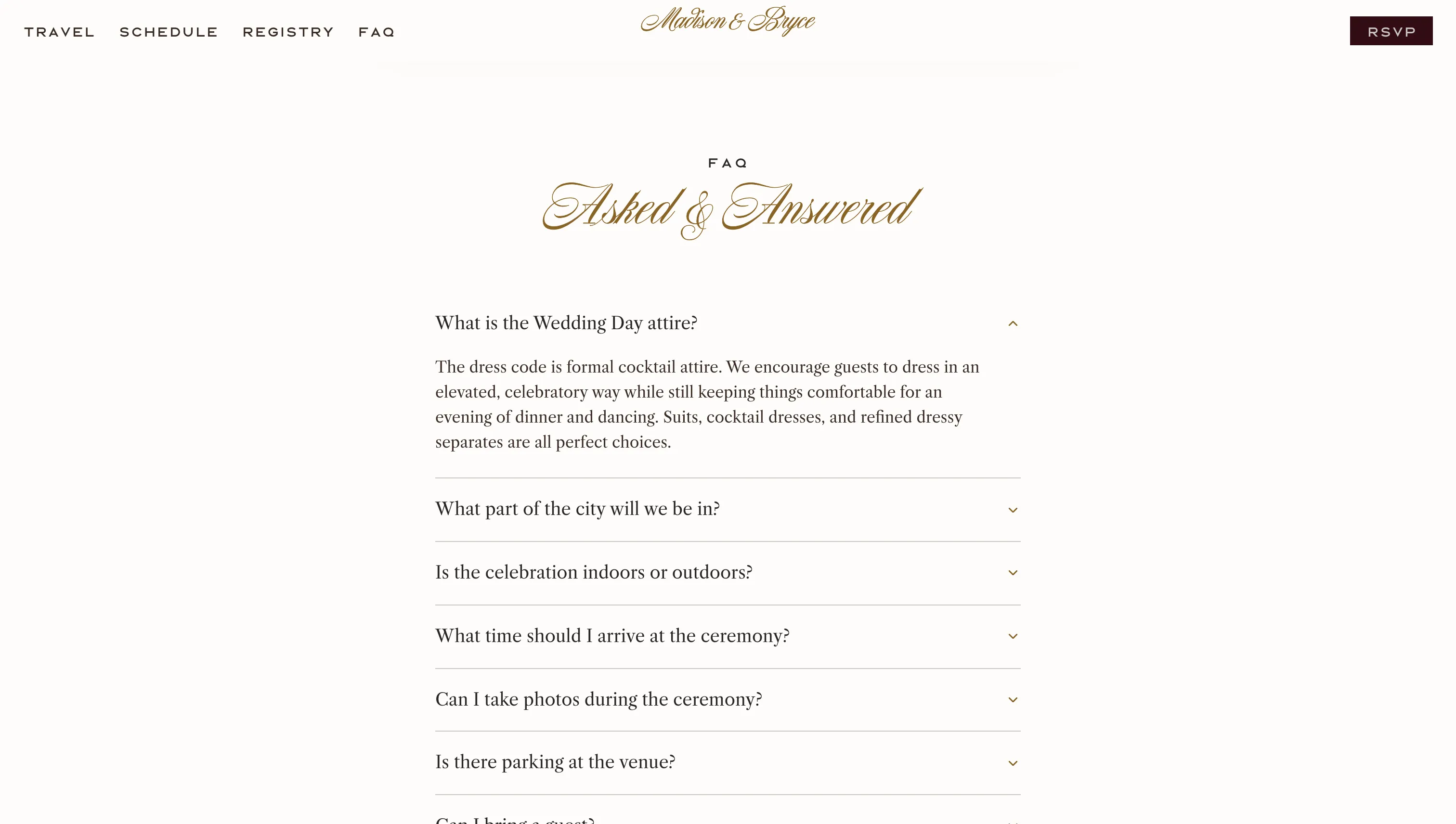 Asked and Answered: guest questions in a list, the first open to explain the formal cocktail dress code