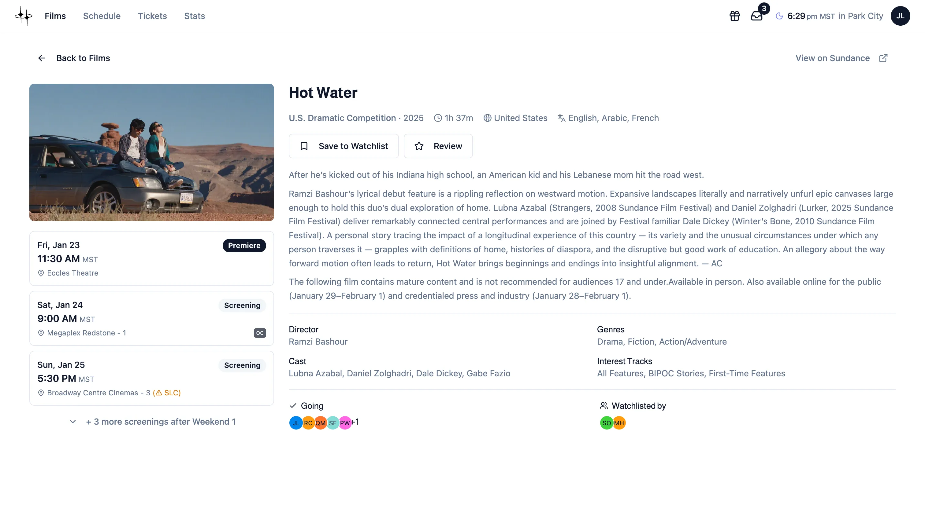 Hot Water on desktop: its still, three screenings over the first weekend, the synopsis and credits, and who in the group is going