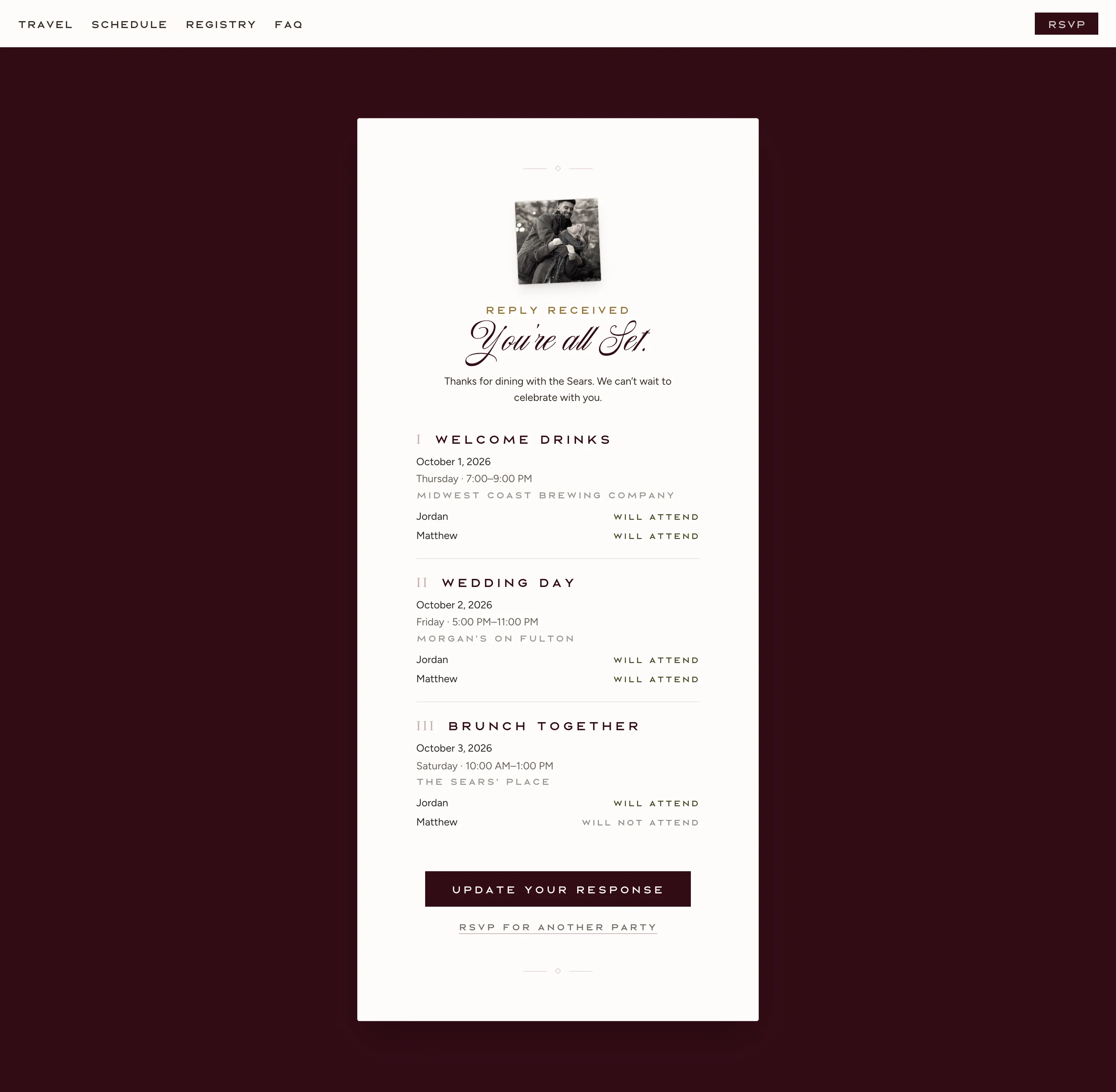 The confirmation on desktop: who will attend each event, Matthew skipping brunch, and a button to update the response