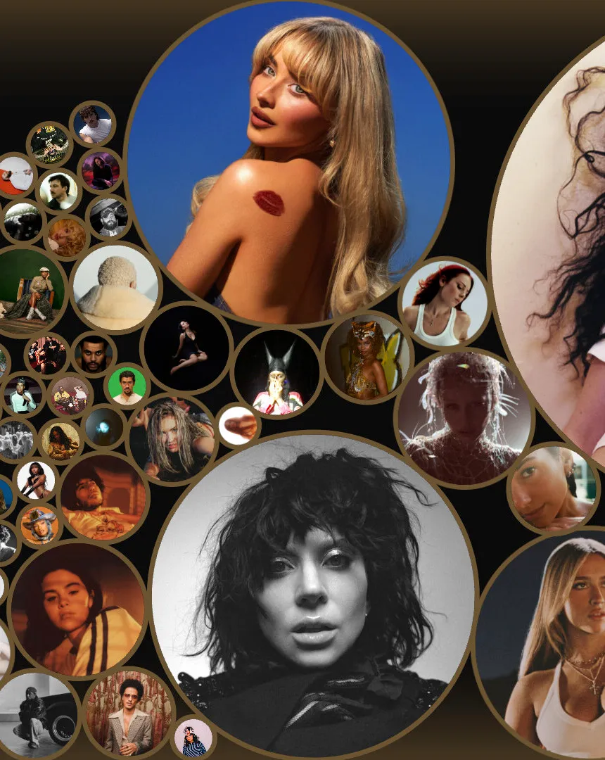 The circles up close: Sabrina Carpenter and Lady Gaga large among dozens of small portraits, every ring in the gold of the Too Sweet cover