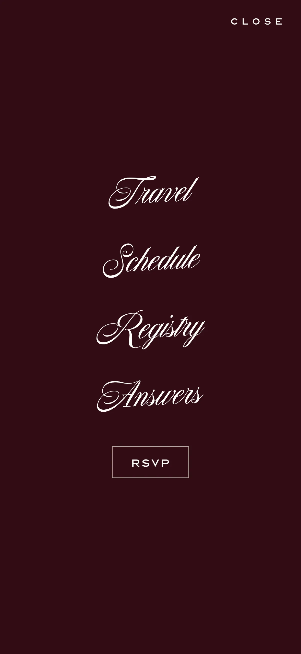 The phone menu: Travel, Schedule, Registry and Answers in white script on burgundy, with an RSVP button