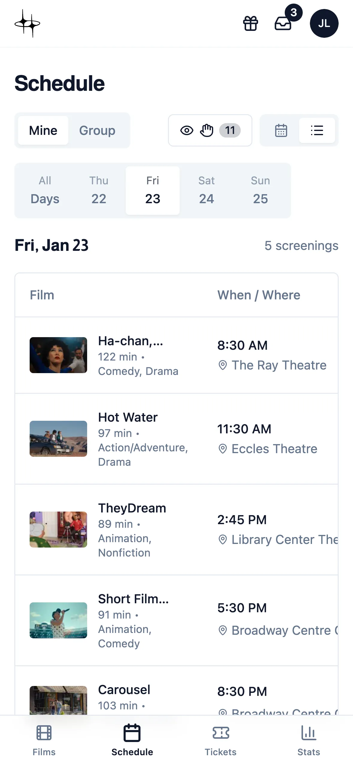 Friday's schedule on a phone as a list: five screenings with their times and theatres