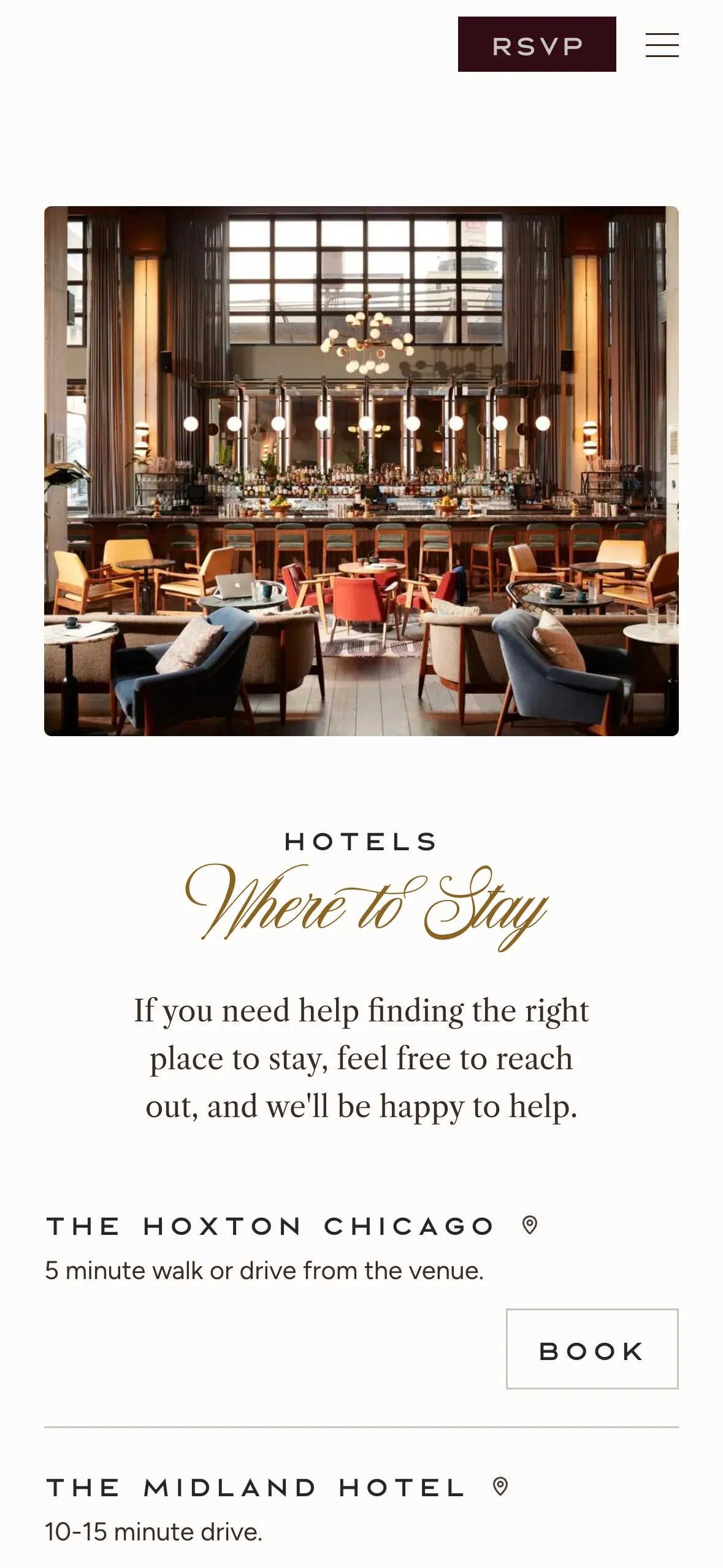 Where to Stay on a phone, the hotel photo first, then the hotels stacked with their Book buttons