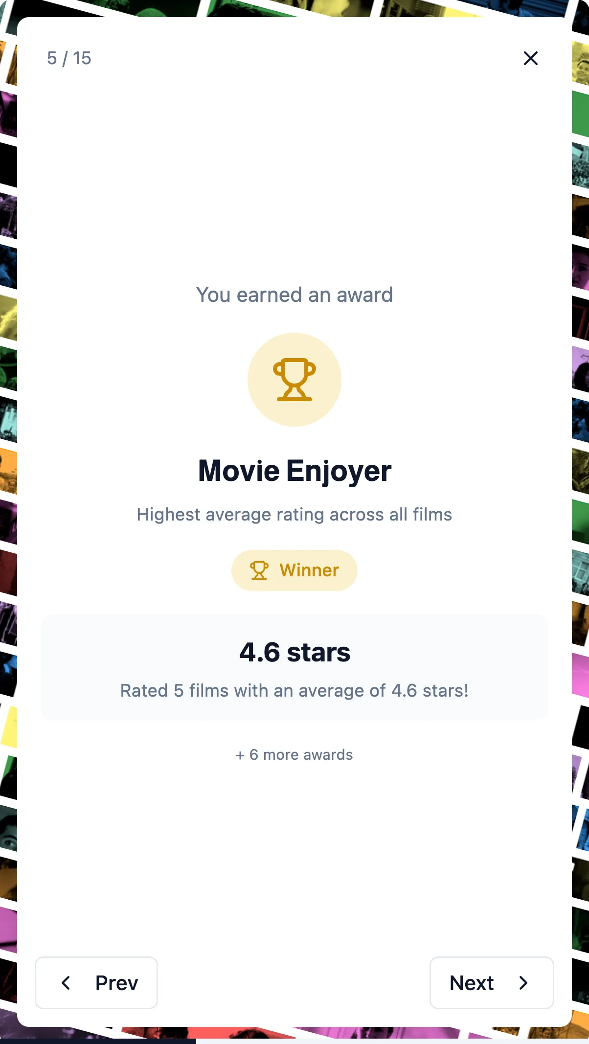 An award: Movie Enjoyer, for the highest average rating across all films, 4.6 stars over five films